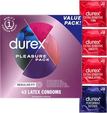 Durex Pleasure Pack Assorted Condoms 42 Count Lubricated Regular Fit