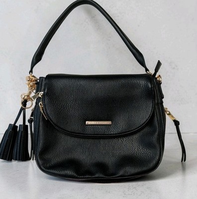 Poppy & Peonies Black Pebble Vegan Leather Flap Shoulder Bag Tassel Dust Bag