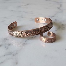 Solid Copper Magnetic Bracelet Ring Set Arthritis Therapy Cuff Ring Set Flower