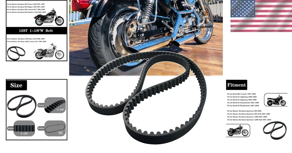 Durable Rear Drive 128T 1-1/8" Belt for Harley Davidson and Buell Motorcycles - Image 2 of 4