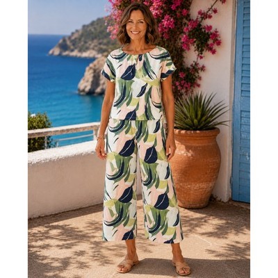 Tahari 100% Linen Matching 2 Piece Set Tropical Leaf Print Top Pants Size Small