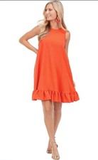 Mud Pie Orange Mellie Ruffle Swing High Neck Sleeveless Mini Dress Size M Resort
