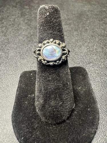 VINTAGE Sterling Silver 925 Mother of Pearl Abalone Oval Ring Multicolor Jewelry