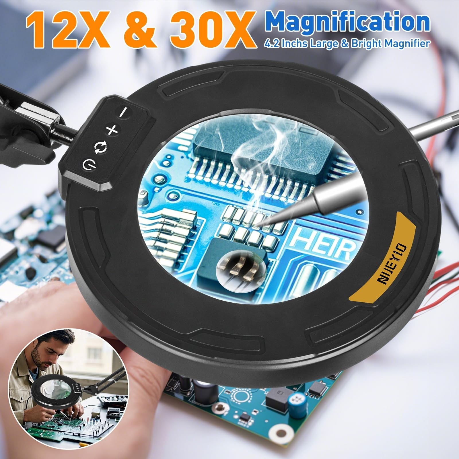 Ultra Long 3-Section Swing Arm 12X 30X Magnifying Glass with Light and Stand,...