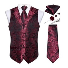 Mens Vest Tie Set 7PCS Silk Paisley Suit Waistcoat X-Large Paisley Burgundy