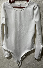 White Solid Long Sleeve One Piece Bodysuit, Women Size 10Y, Opaque