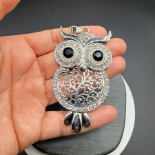 Silver Tone Rhinestone Owl Pendant Black Crystal Eyes Gothic Boho Statement Gift