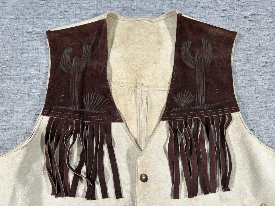 Western Horse Fringe Pyrography Vest Womens Tan Brown Desert Cactus Mountains - Image 2 of 4