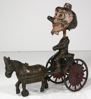 1910's CAST IRON GASTON NODDER DONKEY DRAWN CARRIAGE TOY BY KENTON