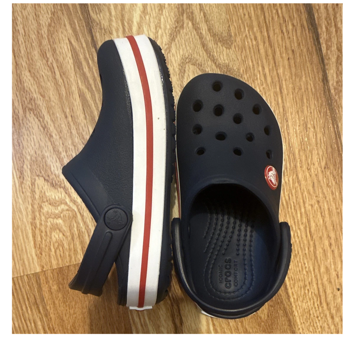 CROCS Kids White Clog with Navy Logo Stripe Crocs Kids Classic Clog Navy Blue Red White | Mercari main image 2