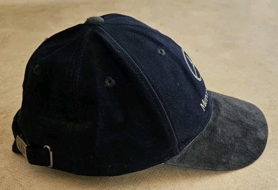 MERCEDES BENZ Baseball Cap Navy Blue Suede Peak Silver Logo Adjustable - Image 2 of 4