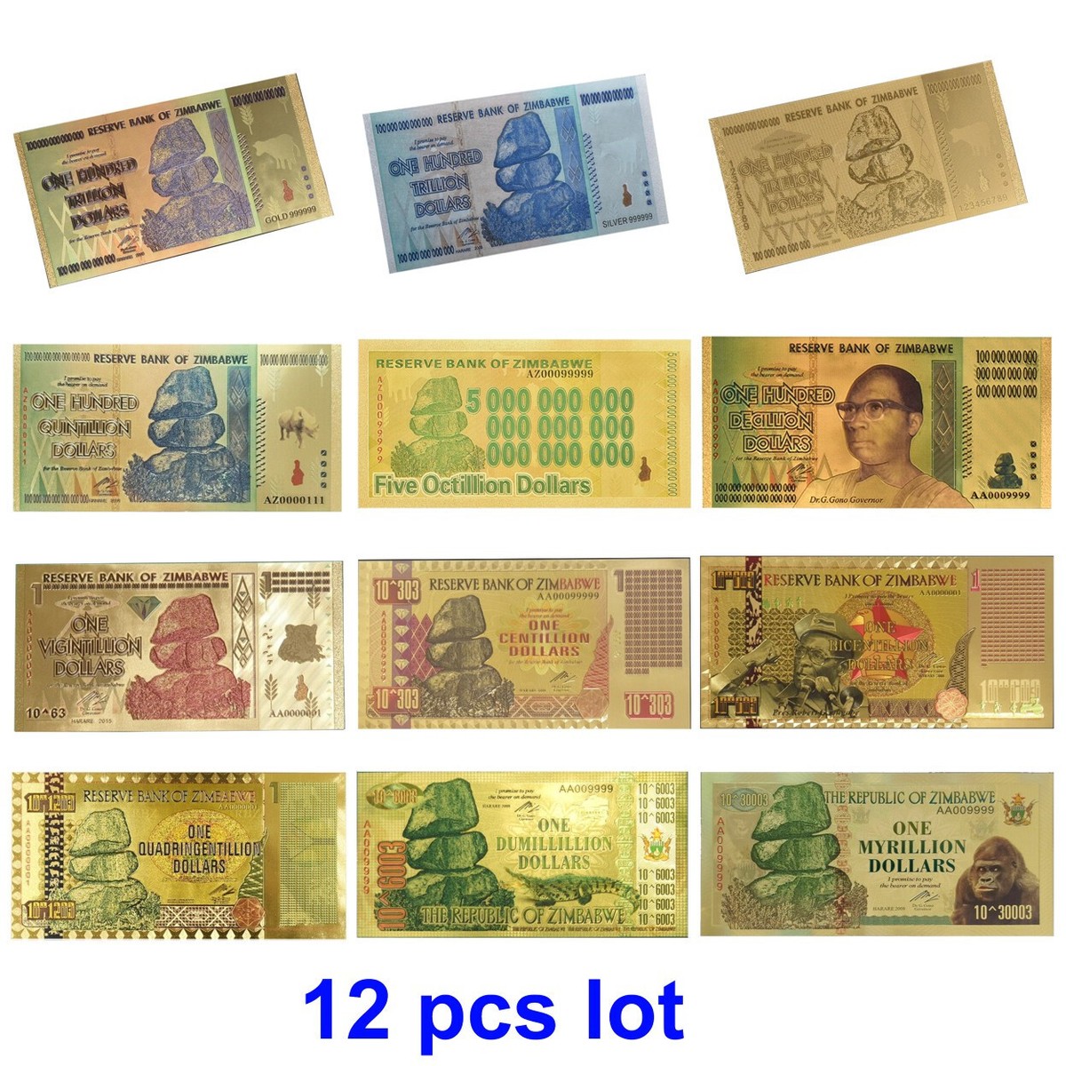 Zimbabwe Banknotes 12 Pieces Lot Gold Foil 100 Trillion to Myrillion  Dollars | eBay UK