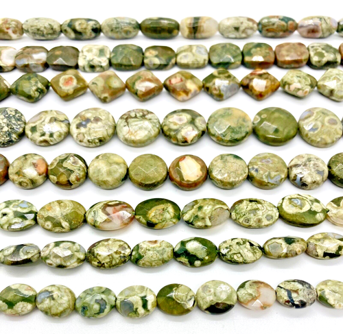 FACETED Natural Green Rhyolite Beads in Various Shapes 16 Inch Strand - Picture 2 of 12