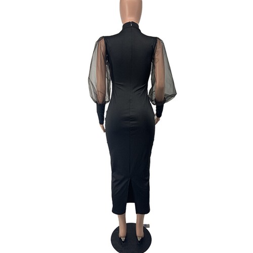 Elegante Vestido de Fiesta Para Mujer Cuello Alto Transparente Manga Abullonada Abertura Bodycon Midi Vestido - Imagen 11 de 13