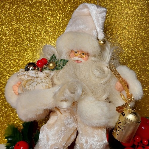 Santa Claus Cream White Velour & Fur Shelf Sitter Lantern New - Picture 4 of 12