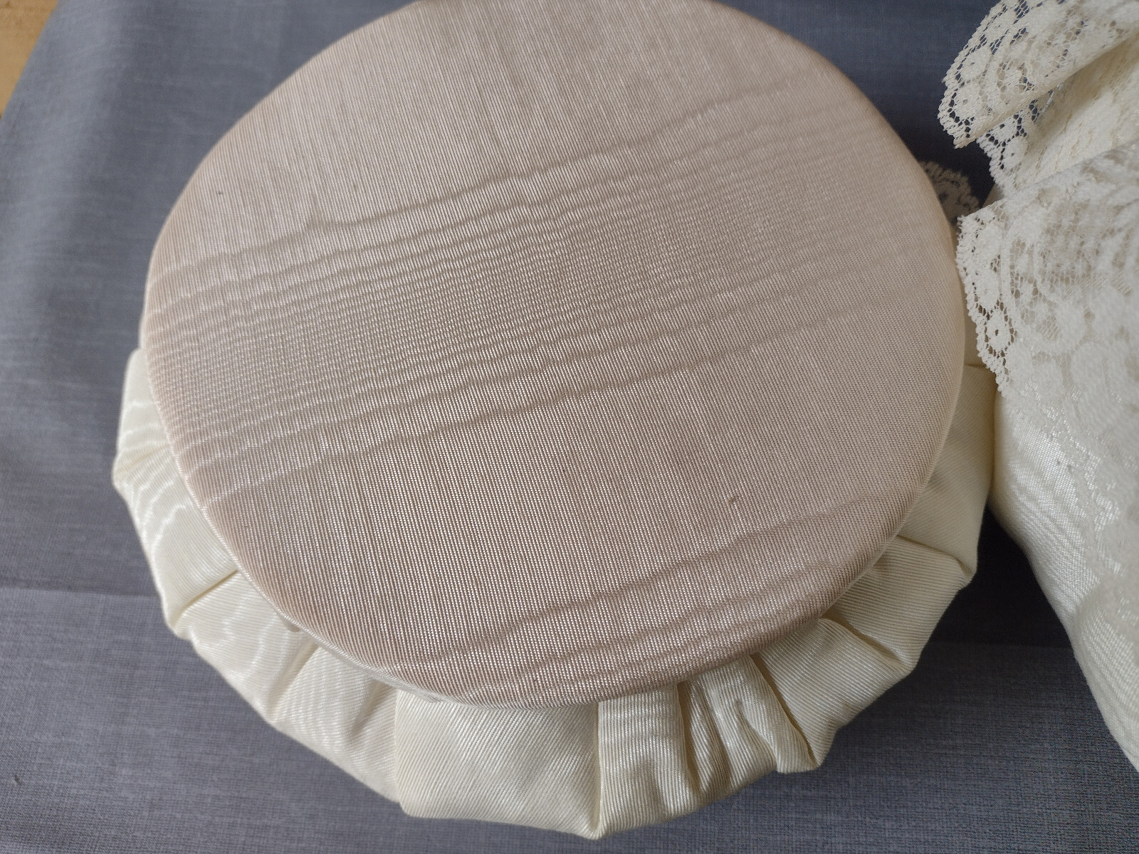 Sewing Basket Round Ornate Decorated White Lace Trim with Accessories