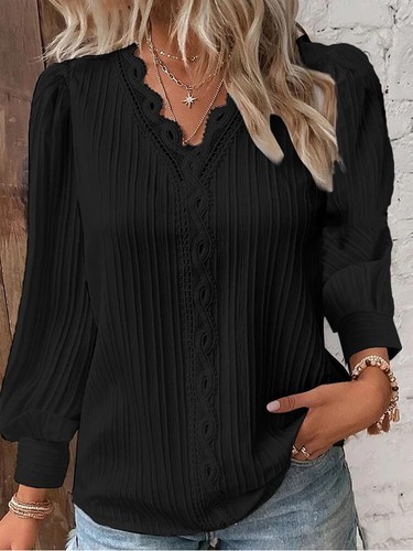 Camisa de Costuras de Encaje Costuras Sueltas Cuello en V Manga Larga Pullover de Gasa Prenda para el torso de Otoño - Imagen 20 de 23