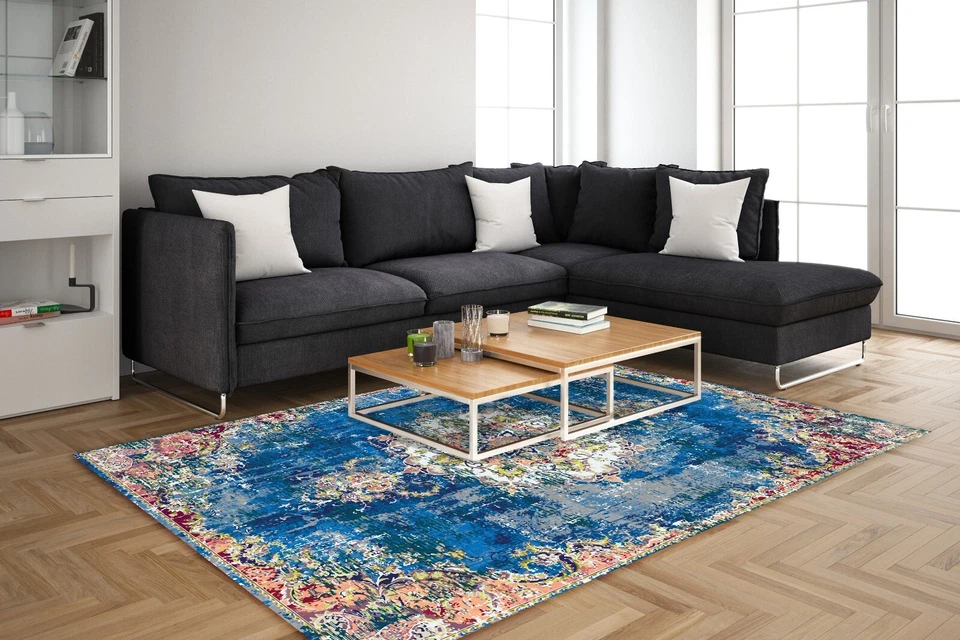 Alfombra de área de estilo bohemio en color azul fresco alfombra lavable para decoración de habitaciones modernas Foto 4 de 4