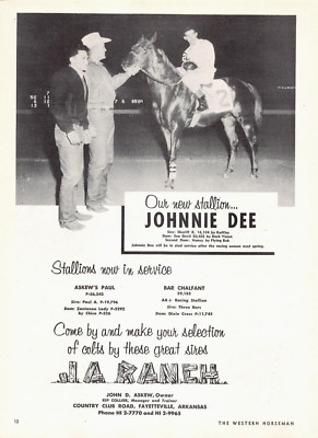 John Askew J A Ranch Johnnie Dee Stud Services Fayetteville AR Vtg Mag Print Ad