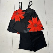 Urchics 2025 2 Piece Black Orange Sunflower Print Tankini Swim Set Womens Size L