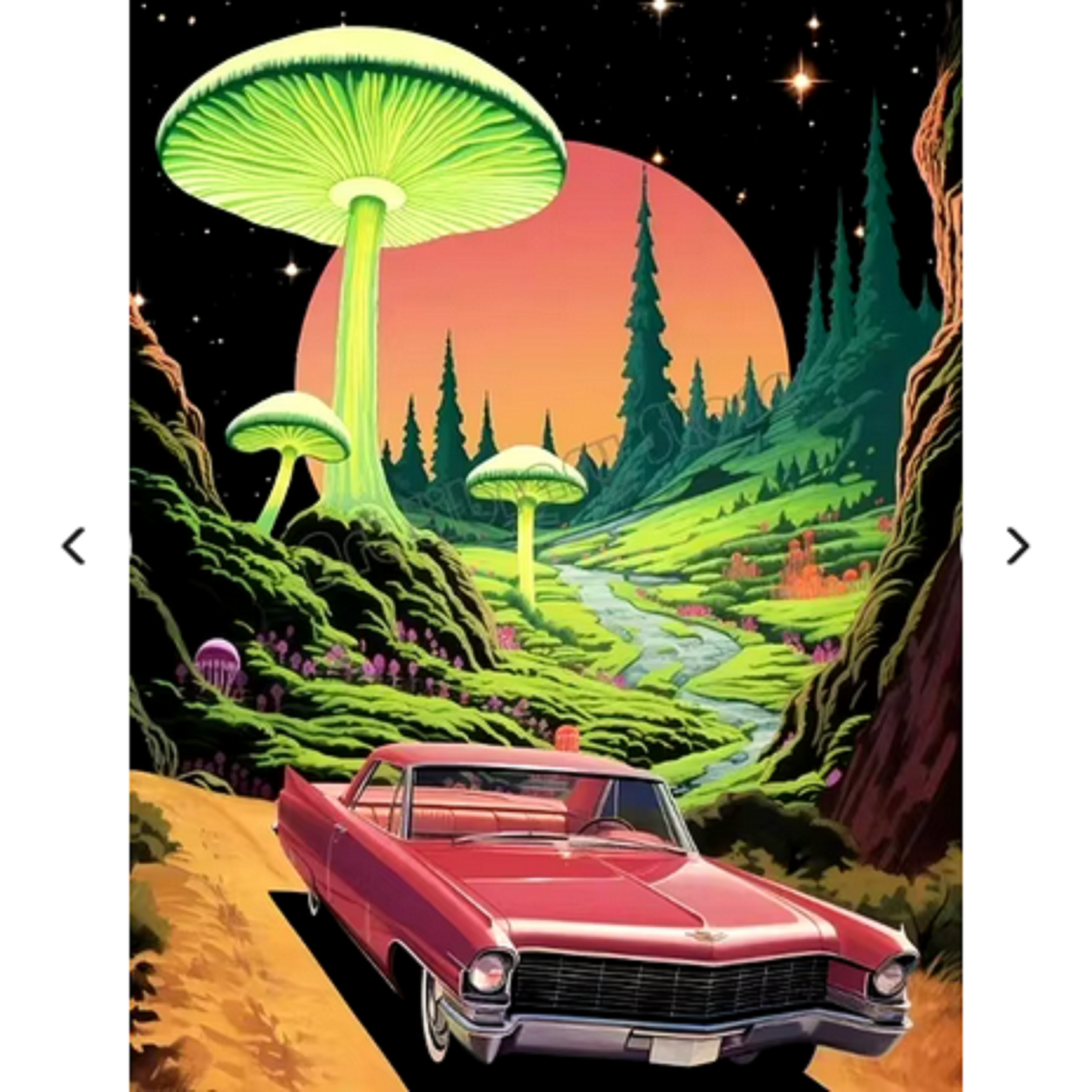 Retro Trippy Old School Car Mushroom Hills and River 30x40 CM Poster