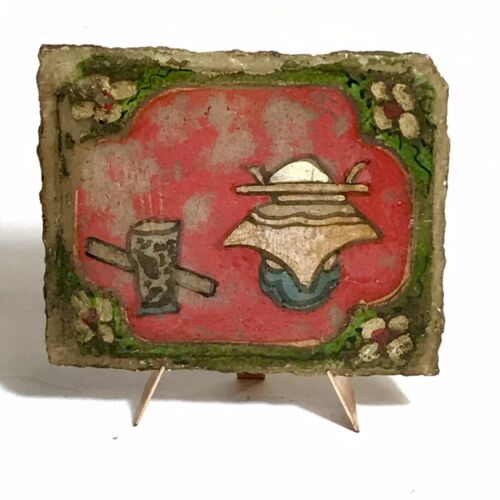Ancienne XVIIIe Chine Plaque Décorative Marbre Polychrome Peint China 中国 - Afbeelding 1 van 2