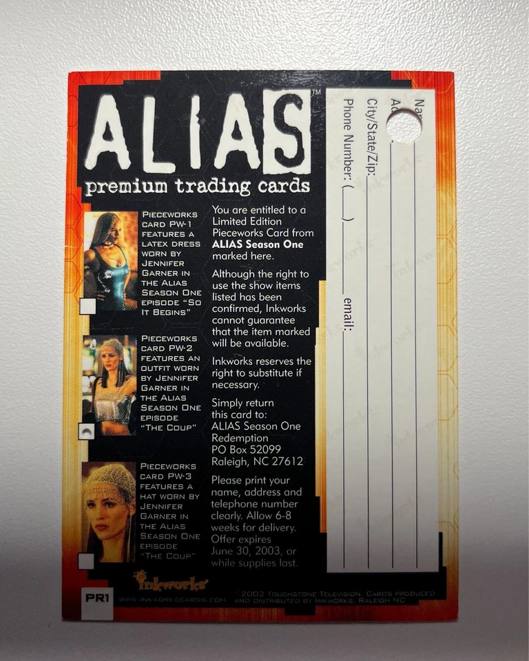 Alias Temporada 1 - Tarjeta de redención Pieceworks PR1 - PW2 canjeada 2002 Jen Garner Foto 2 de 3
