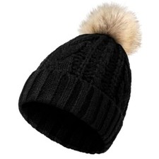 Womens Winter Knitted Beanie Hat with Faux Fur Winter Medium Black - Pom Pom