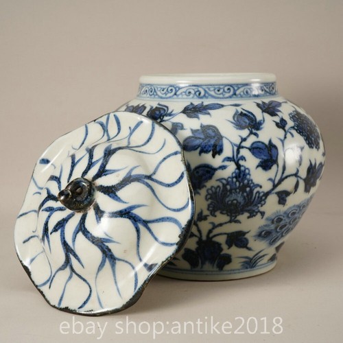 6.8" Old Chinese Blue White Porcelain Dynasty Palace Lotus Flower Lid Jar - Picture 4 of 9