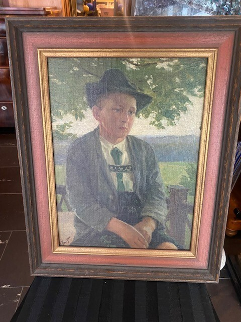 Bonito retrato de niño alrededor de 1930 óleo sobre cartón firmado G.Burger