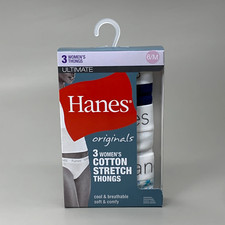 HANES 3 PK Originals Women's Cotton Stretch Thongs Underwear Sz 6/M Navy/White