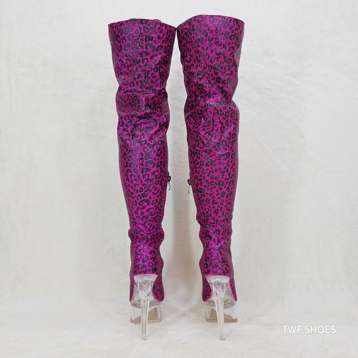 Bulls Hot Pink Leopard Glitter Over the Knee Clear Platform High