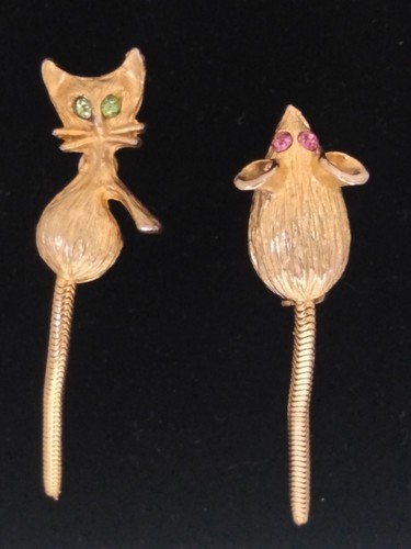 Cat and Mouse Pins, Vintage, Gold Plate, 3-D, with colorful rhinestone accents.