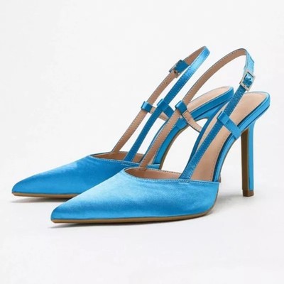 Damen Slingback Pumps hellblau Satin mit Riemen und High Heels CF70960
