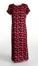 Vtg Silk Red Rose Dark Floral Maxi Dress Womens M Short Sleeve Modest Coquette 