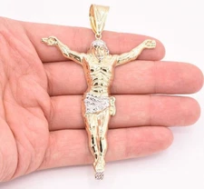 10K Yellow White Gold 3 3/4" Mens Diamond Cut Crucifix Jesus Body Pendant