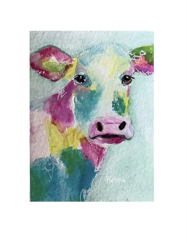 Painting Aceo Original Gouache Whimsy Cow By Kenna Art 2.5” X 3.5” - Picture 1 of 2