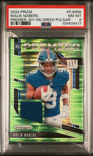 2024 Panini Prizm Malik Nabers Premier Jerseys #PJMNS Neon Green Pulsar RC PSA 8