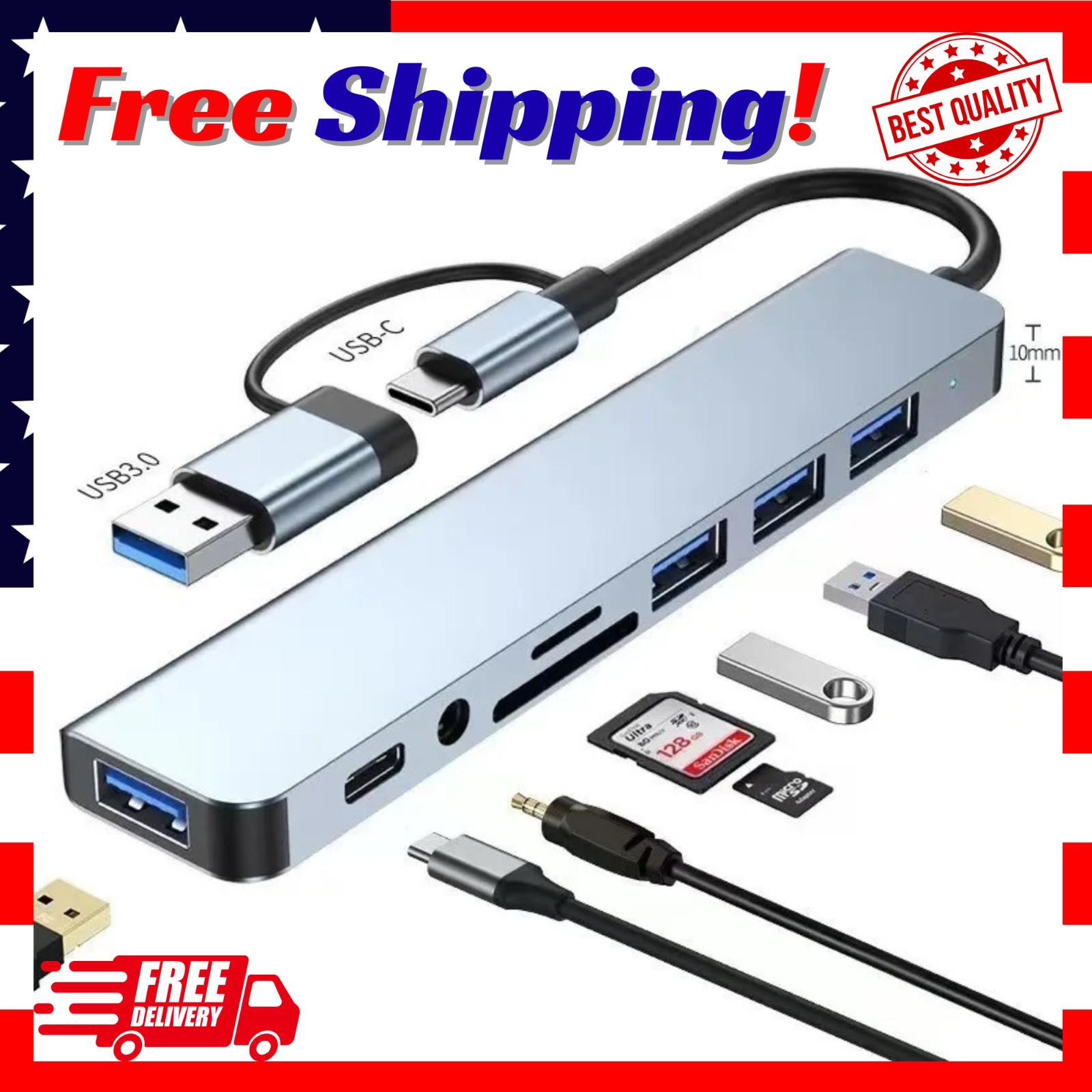 7/8 Port USB-C Hub Adapter - 5G Speed Multi Splitter for PC,