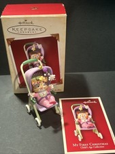 Vintage My First Christmas 2005 Ginger Cat Pink Suit In Pram Ornament Bnib