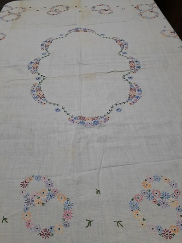 Vntg Heavy Linen Hand Cross Stitch Tablecloth Colorful Floral Embroidery 60"x50" - Picture 6 of 6