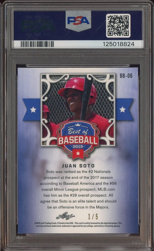2019 Leaf Best of Baseball #06 Juan Soto Red 1/5 PSA 9 MINT POP 1 - Image 2 of 2