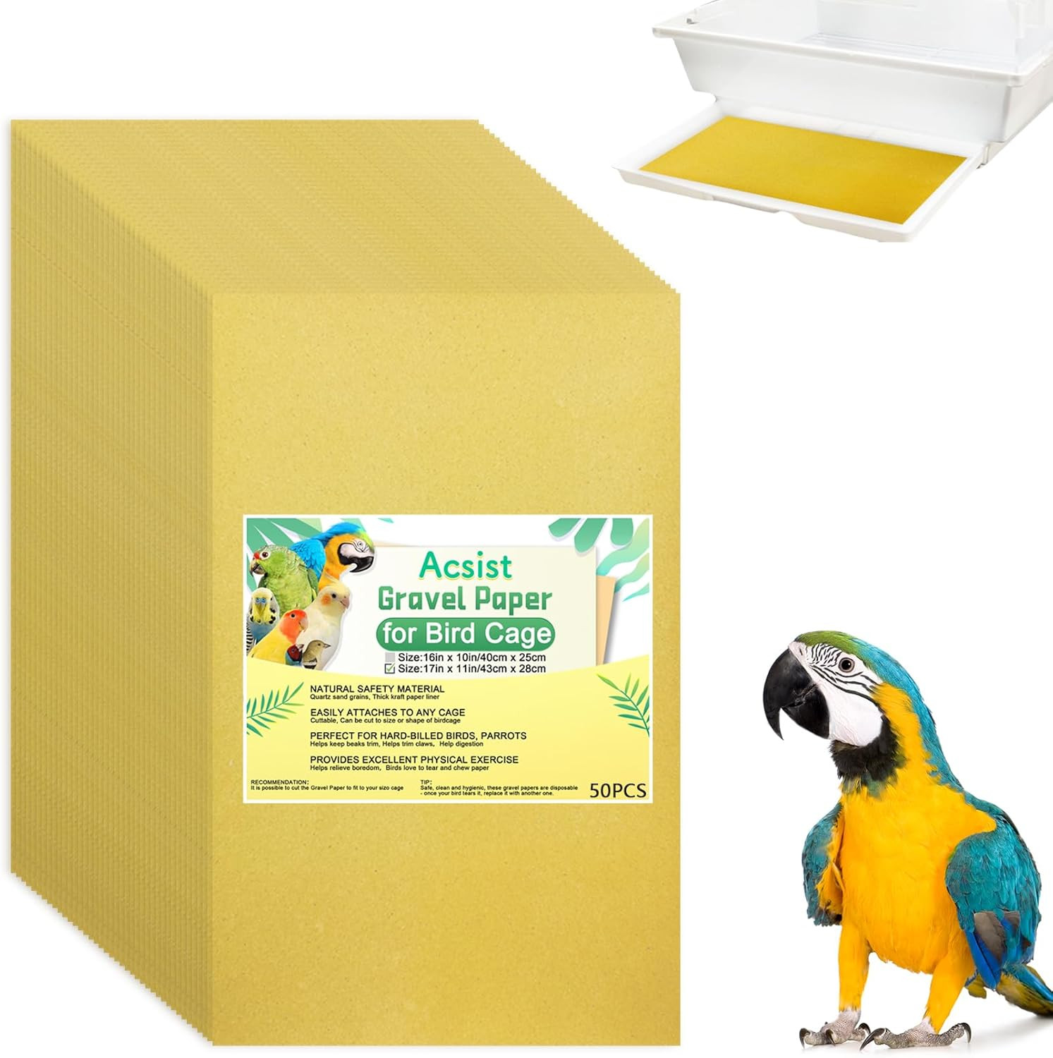 50PCS Gravel Paper for Bird Cage, 17 X 11 Inch Cuttable Sea 