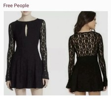 Free People Black Lace Long Sleeve Fit & Flare Short Dress M Round Neck