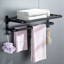 1pc Folding Towel Rack Wall Mount Double Bar Shelf Hook Black 50cm - NEW