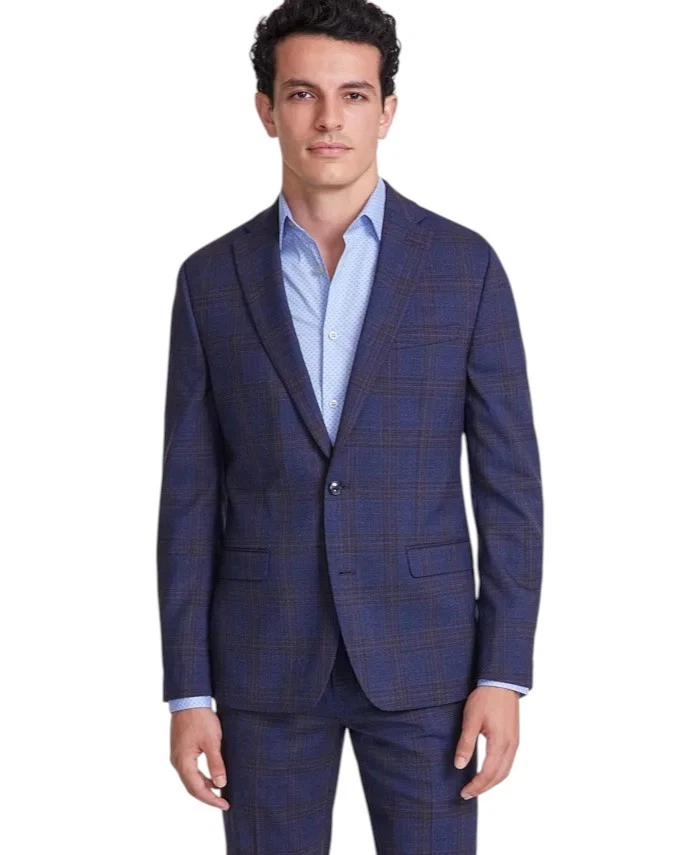 Bar Iii Mens Slim fit Suit Jacket Blazer 46 R Navy Blue Plaid Stretch
