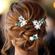3 Pack Green Crystal Bride Wedding Hair Pins Pearl Bridal Flower Hair Piece