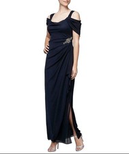 Alex Evenings Short Sleeve Cold Shoulder Cowl Neck Side Brooch Gown Size 12