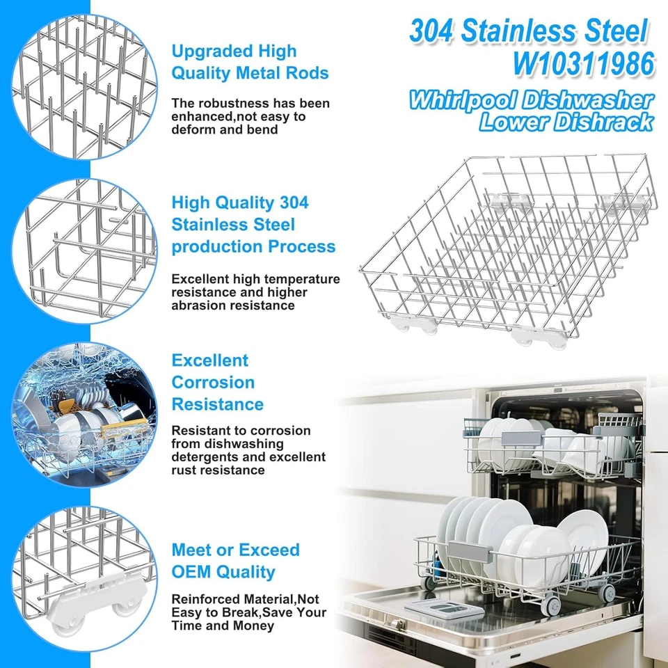 W10311986 W10380384 Dishwasher Lower Dishrack for Whirlpool 304 Stainless Steel - Image 3 of 4