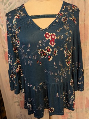 Eyeshadow Brand Cute Floral Top Dark Blue Green With Flounce, Size S